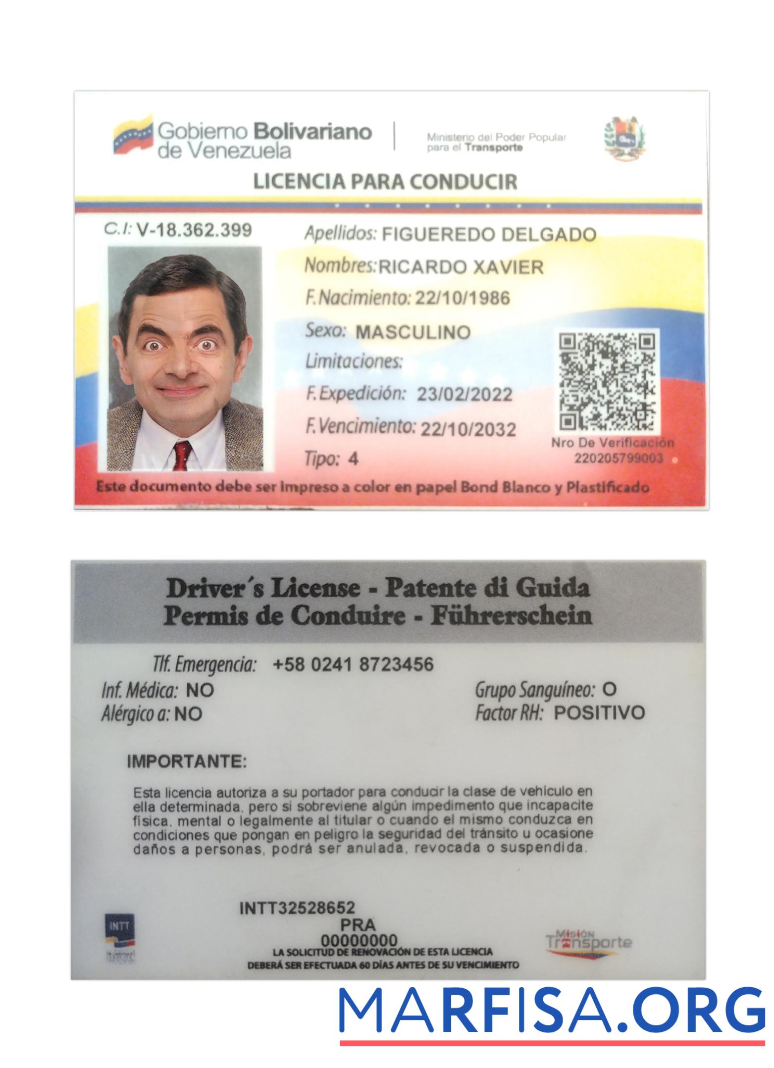 Realistic Venezuela driving license 2022 present download for verification